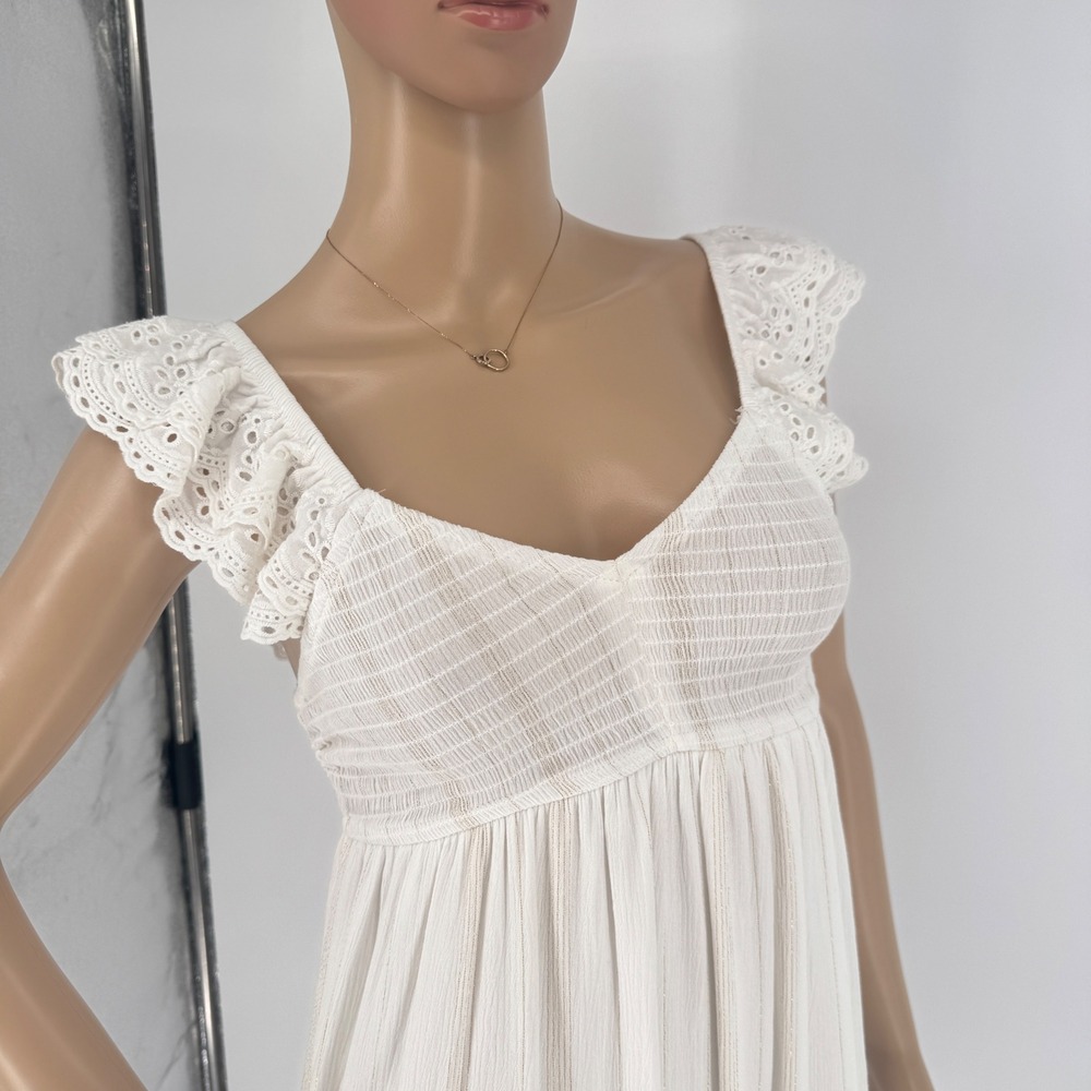 White w/ Metallic Thread Smocked Eyelet Ruffle Sleeve Tiered Mini Dress Small - Picture 2 of 16